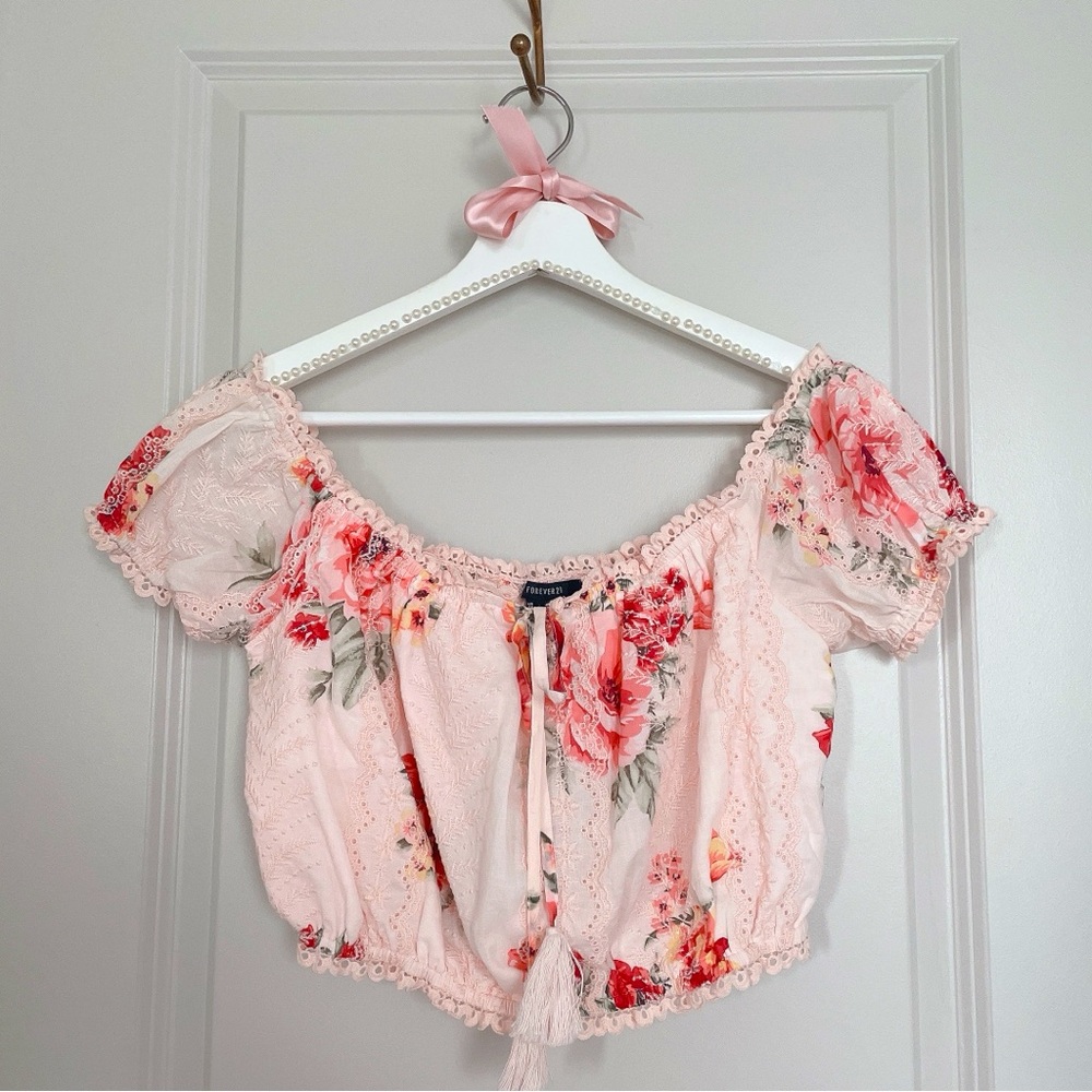 Puff Sleeve Floral Crop Women Spring Summer Top